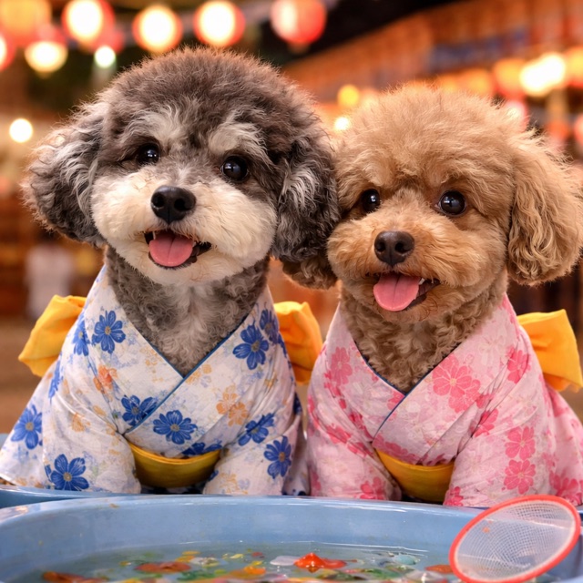浴衣姿の2匹の犬を写した生成後の夏祭りフォト